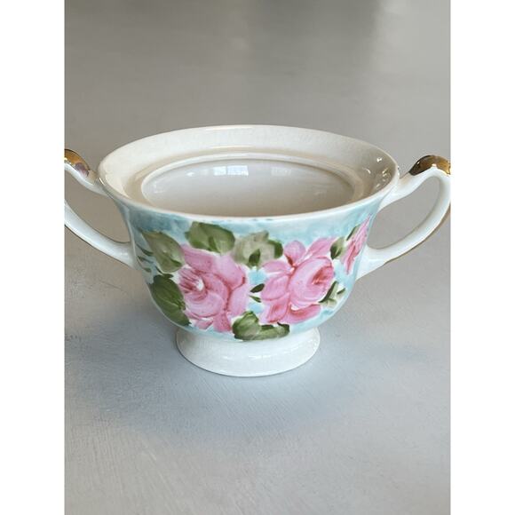 Hand Painted Porcelain Sugar Or Honey Bowl Lid Blue Pink Roses Gold Trim Signed - Picture 11 of 16